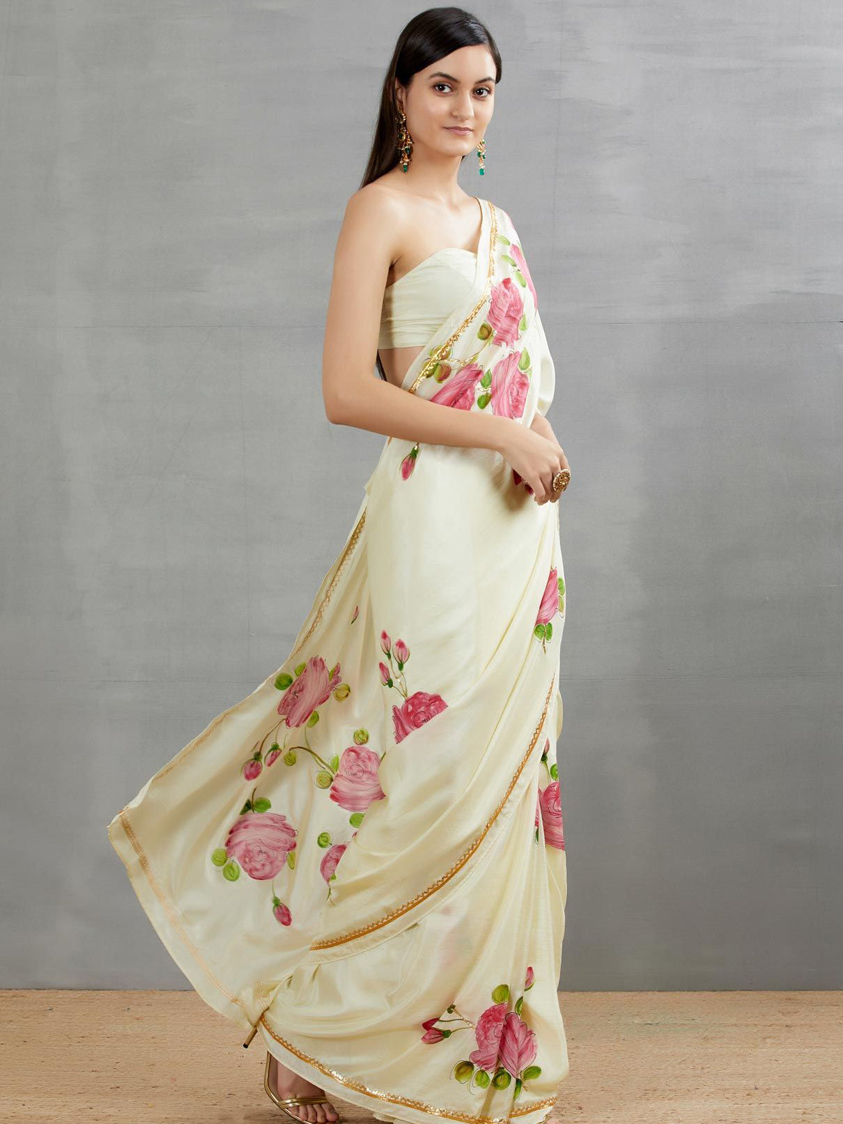 Red Roses On Lemon Silk Saree with border