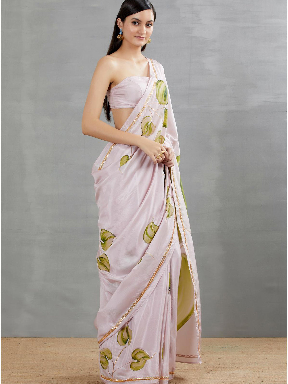 Green Anthuriums on Lilac Silk Saree