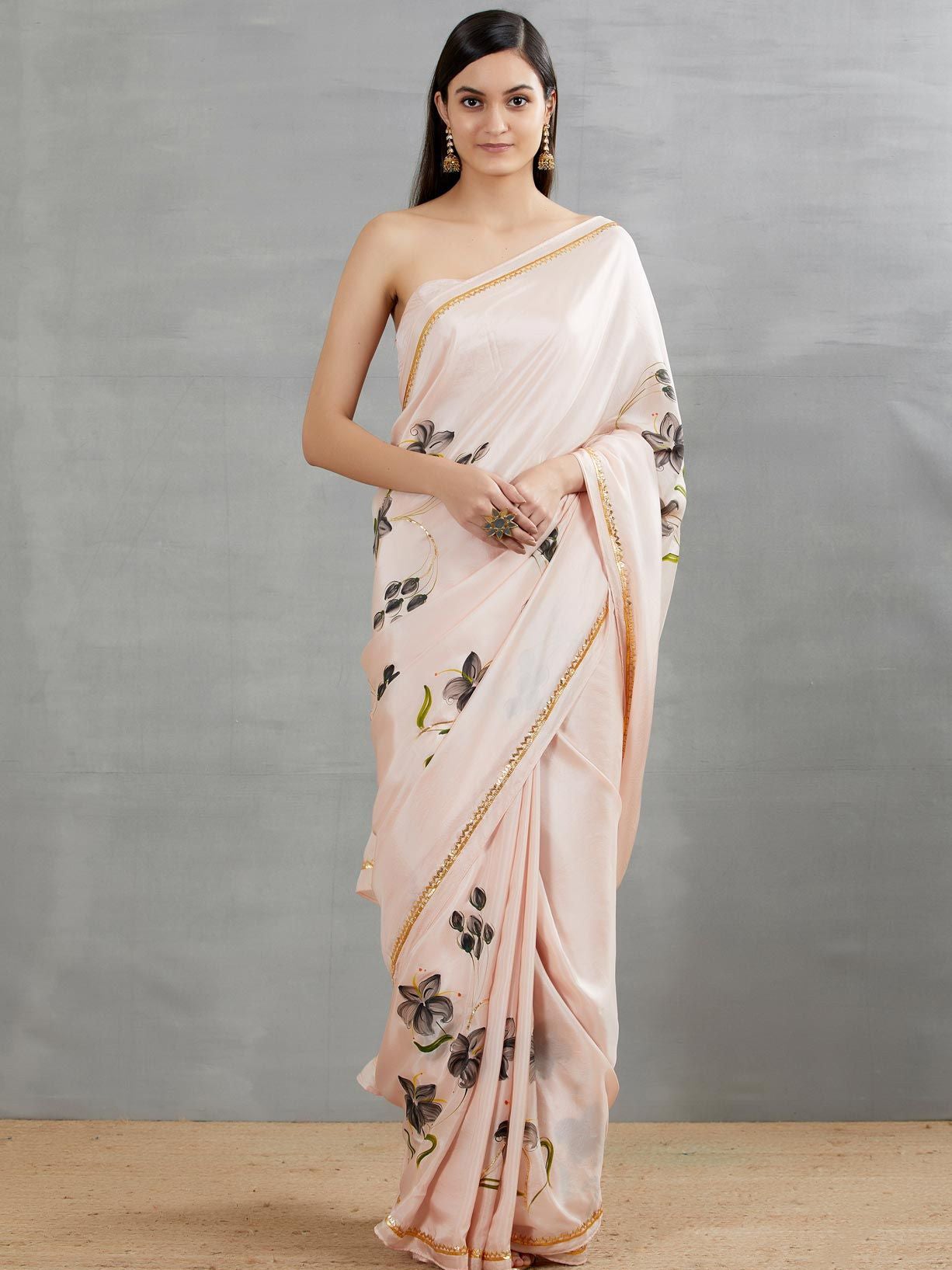 Black Lilies On Dull Rose Silk Saree with border