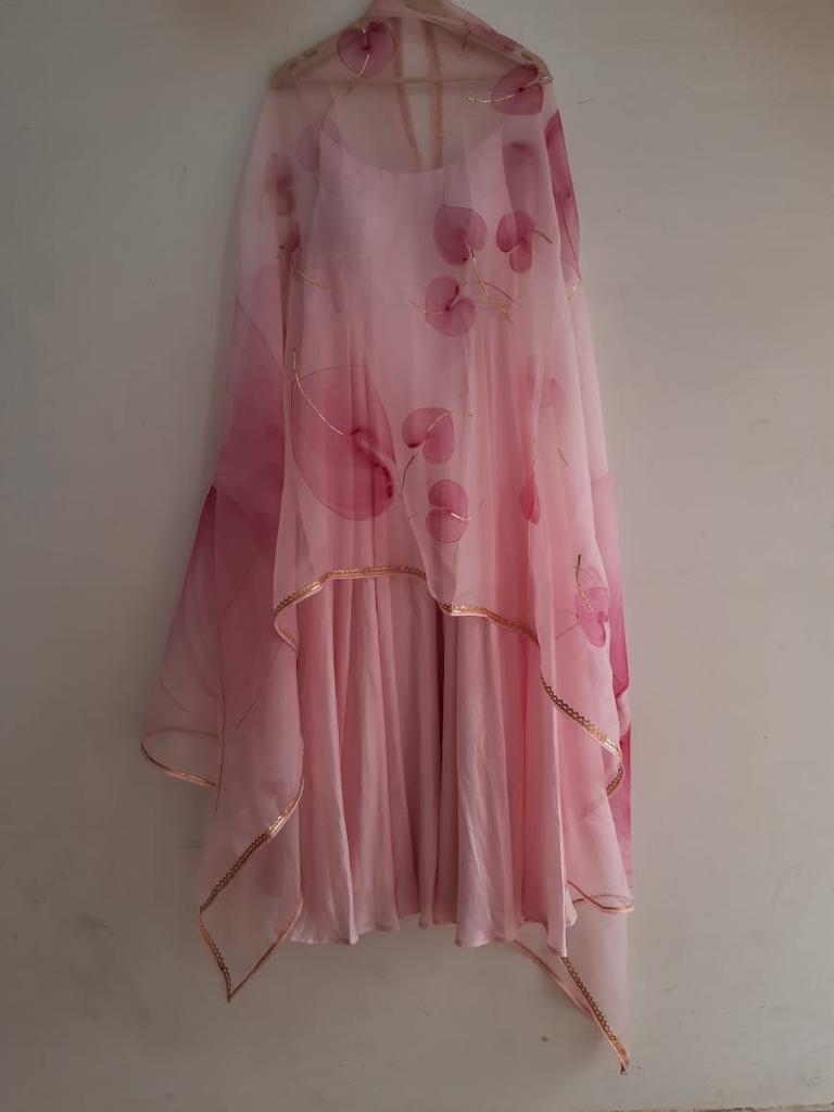 Pink Anthuriums on Baby Pink Spaghetti Strap Kurta