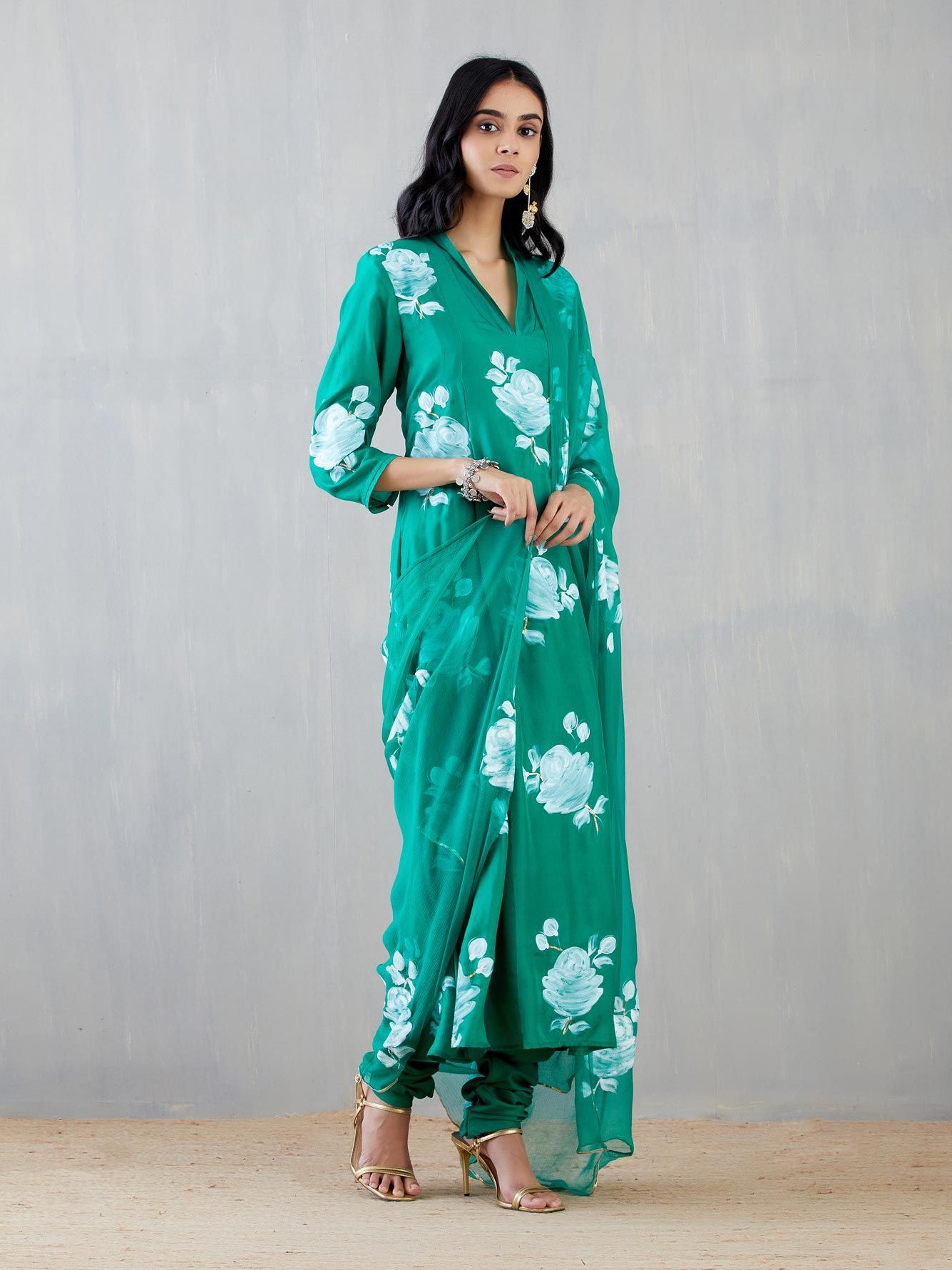 White Roses On Emerald Green Silk Kurta