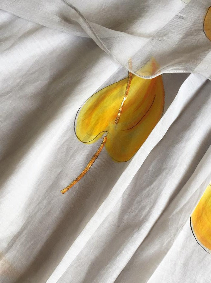 Yellow Anthuriums on Grey Silk Kurta