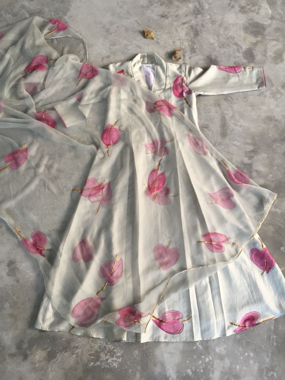 Anthurium on Grey Silk Kurta