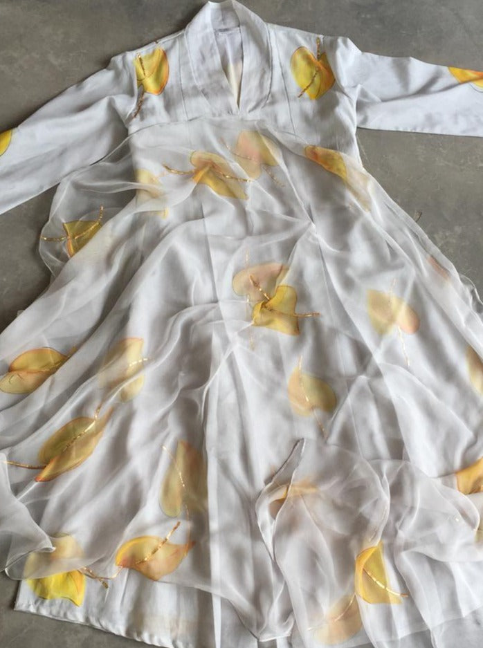 Yellow Anthuriums on Grey Silk Kurta