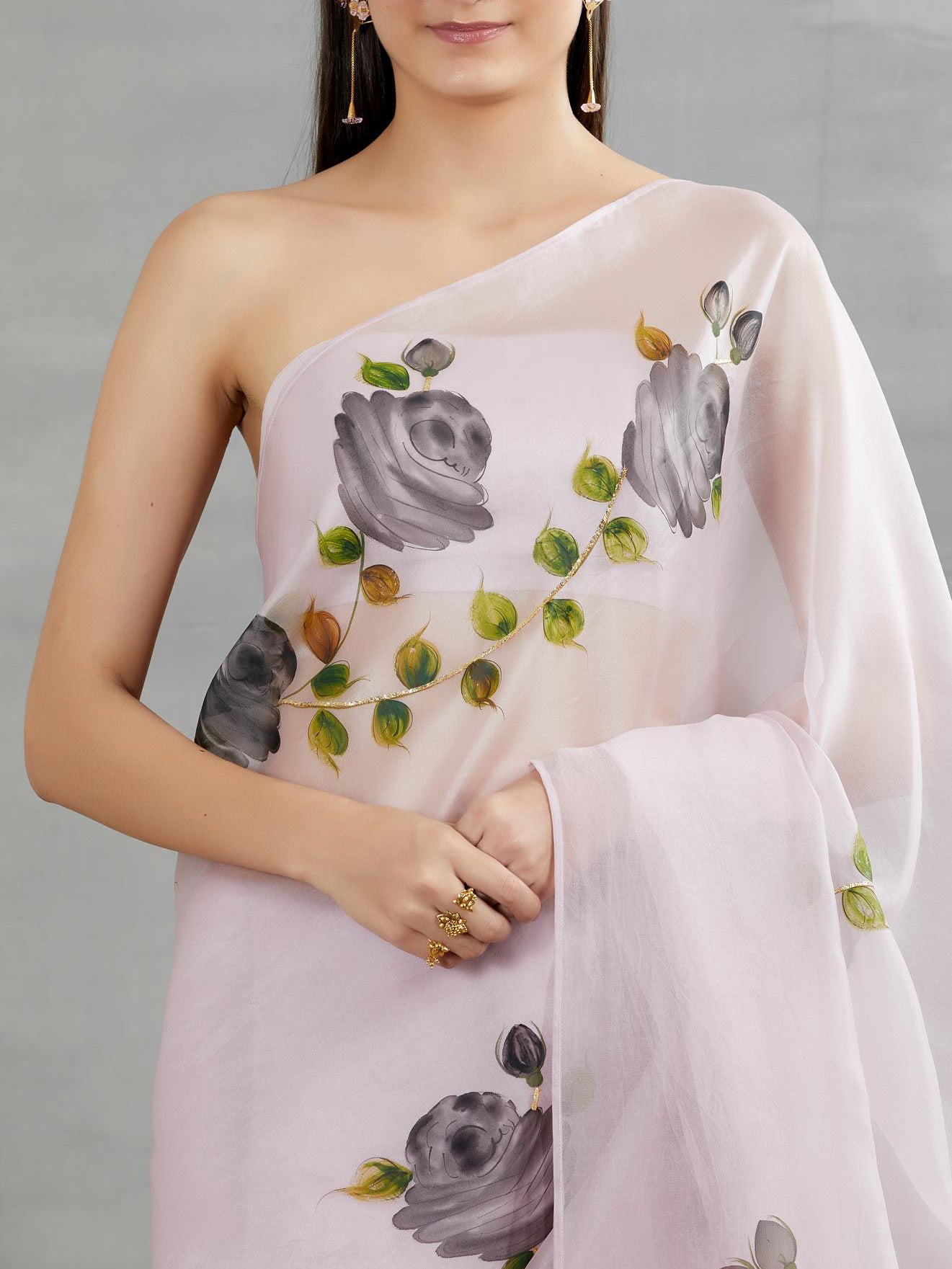 Black Roses On Lilac Organza Saree