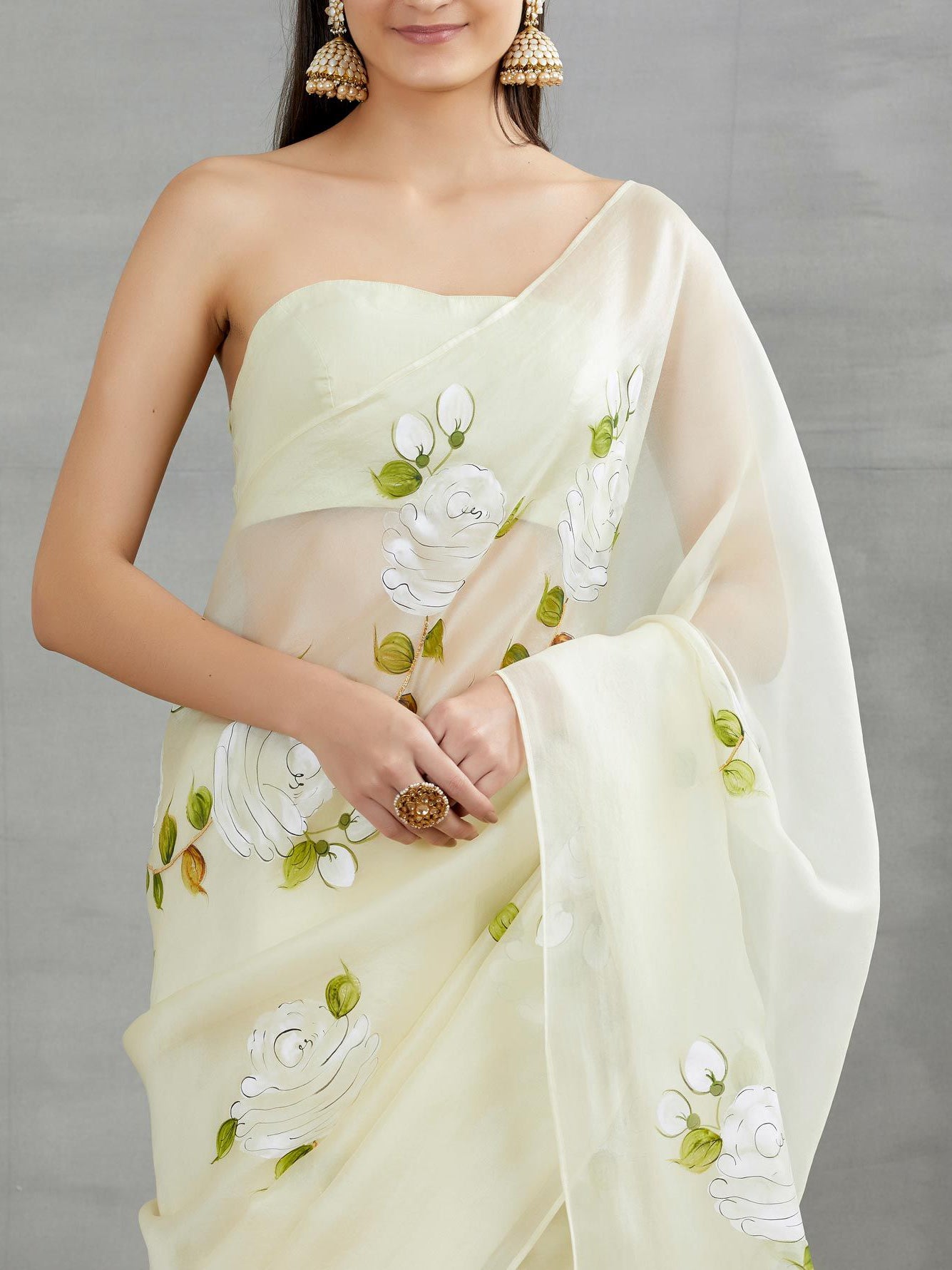 White Roses On Lemon Organza Saree