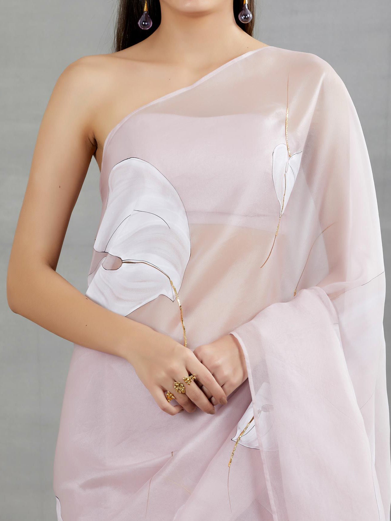 White Anthuriums On Lilac Organza Saree