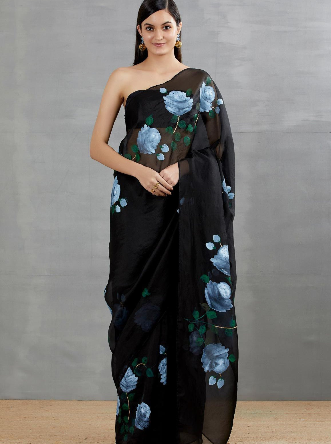 White Roses On Black Organza Saree