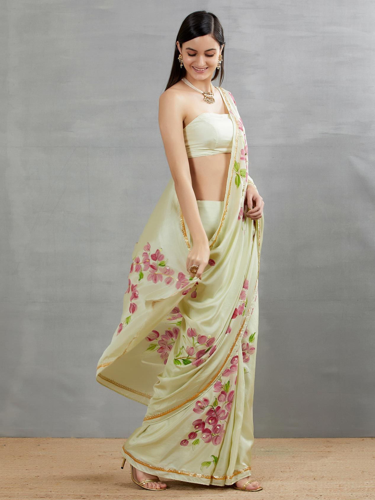 Bouganville On Pista Silk Saree with border