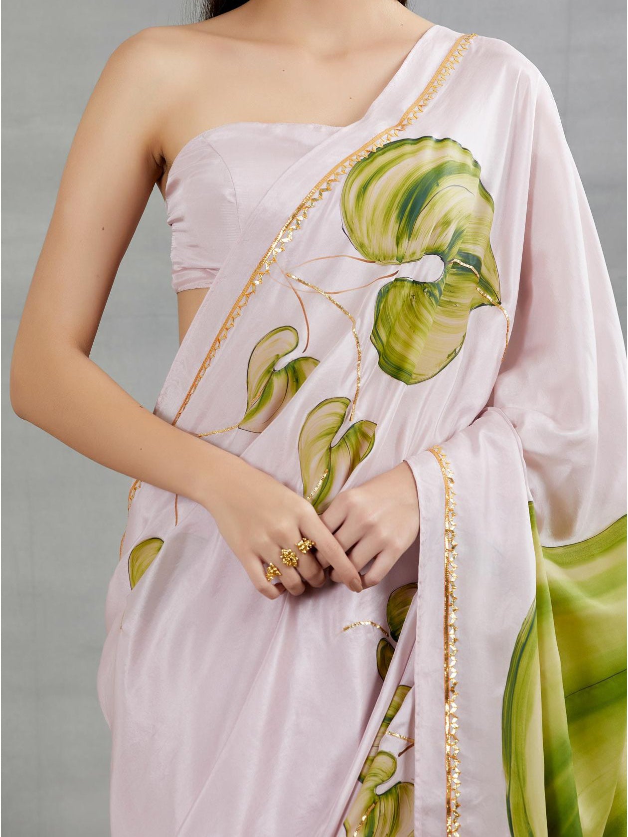 Green Anthuriums on Lilac Silk Saree