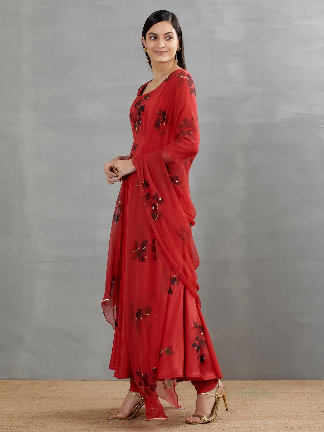 Black Bougainville's On Red Silk Flared Kurta