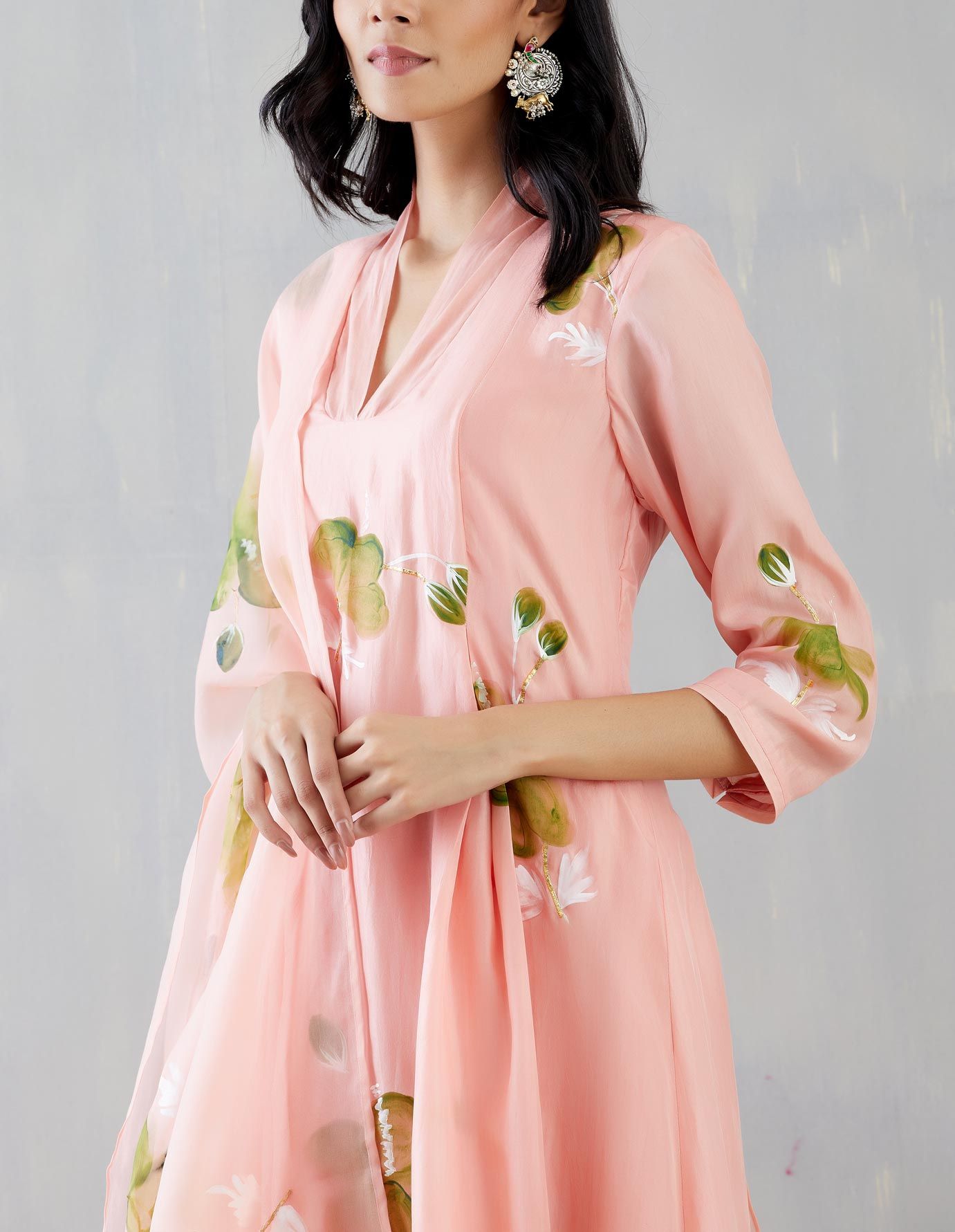 Hibiscus Roses In Olive On Gajri Kurta