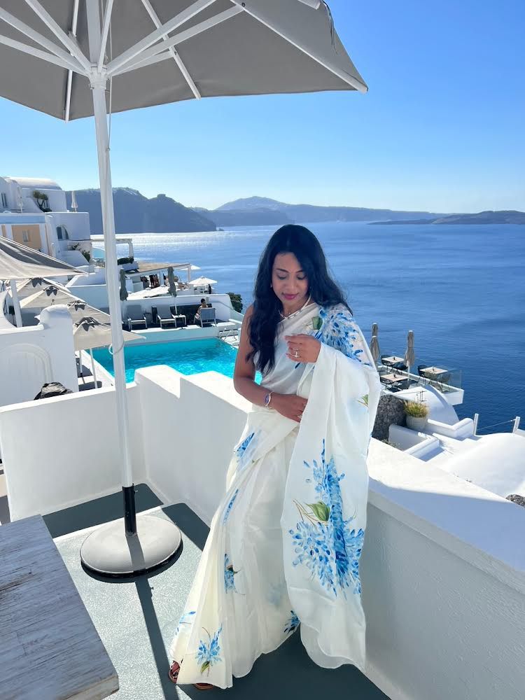 Blue Muscari’s on Ivory Silk Saree