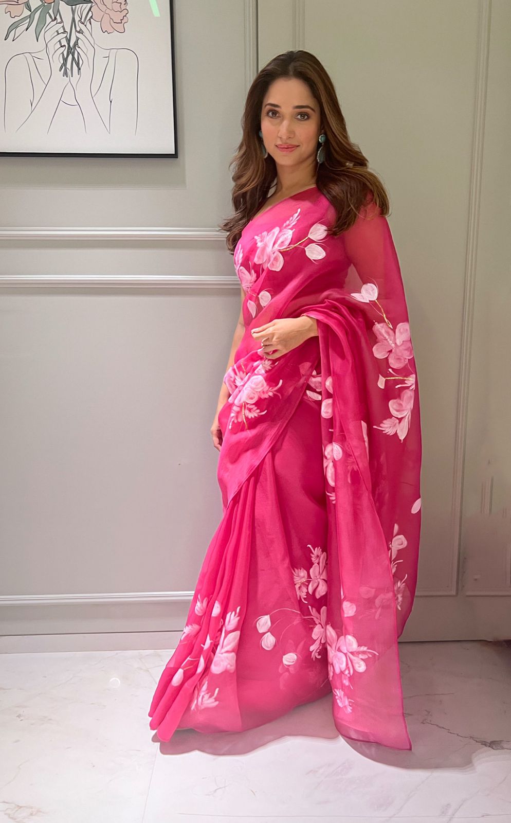 Raspberry Hibiscus Organza Saree