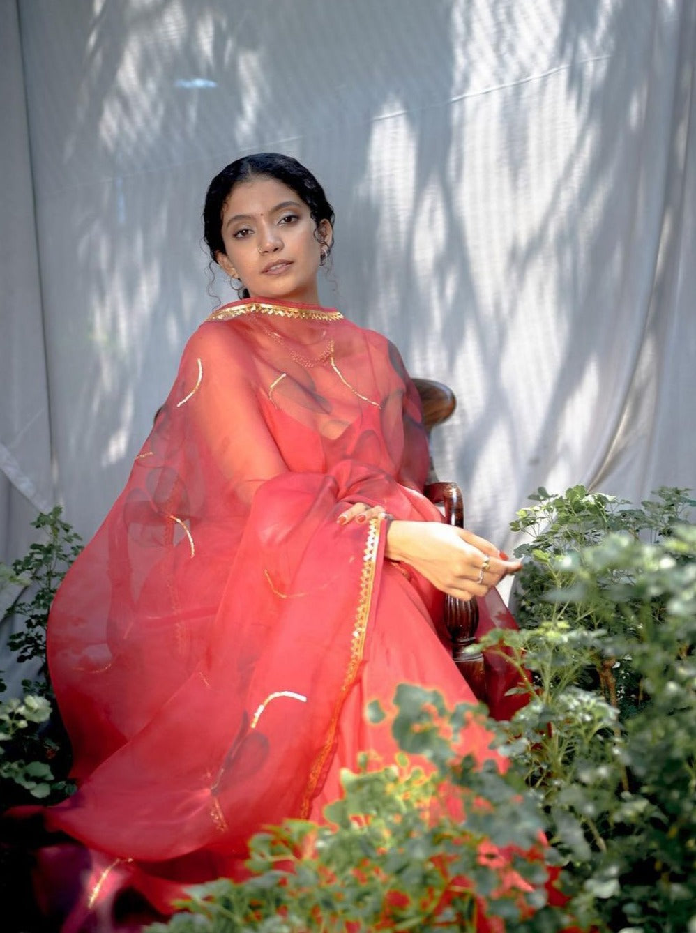 Black Anthuriums on Red Organza Dupatta with Plain Silk Flared Kurta