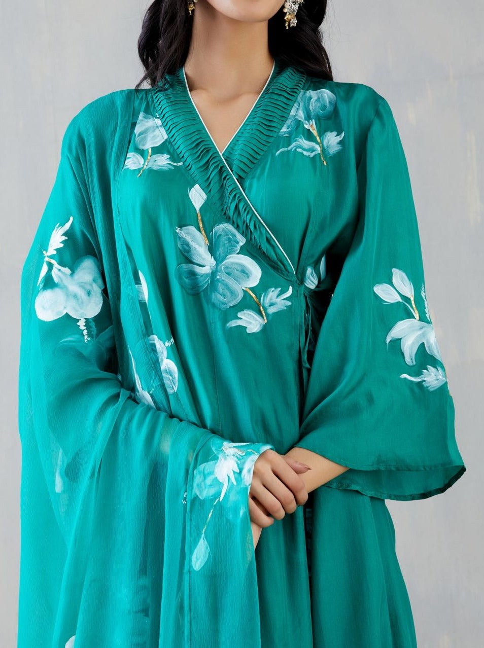 Tie Up In Hibiscus Roses On Emerald Green Kurta