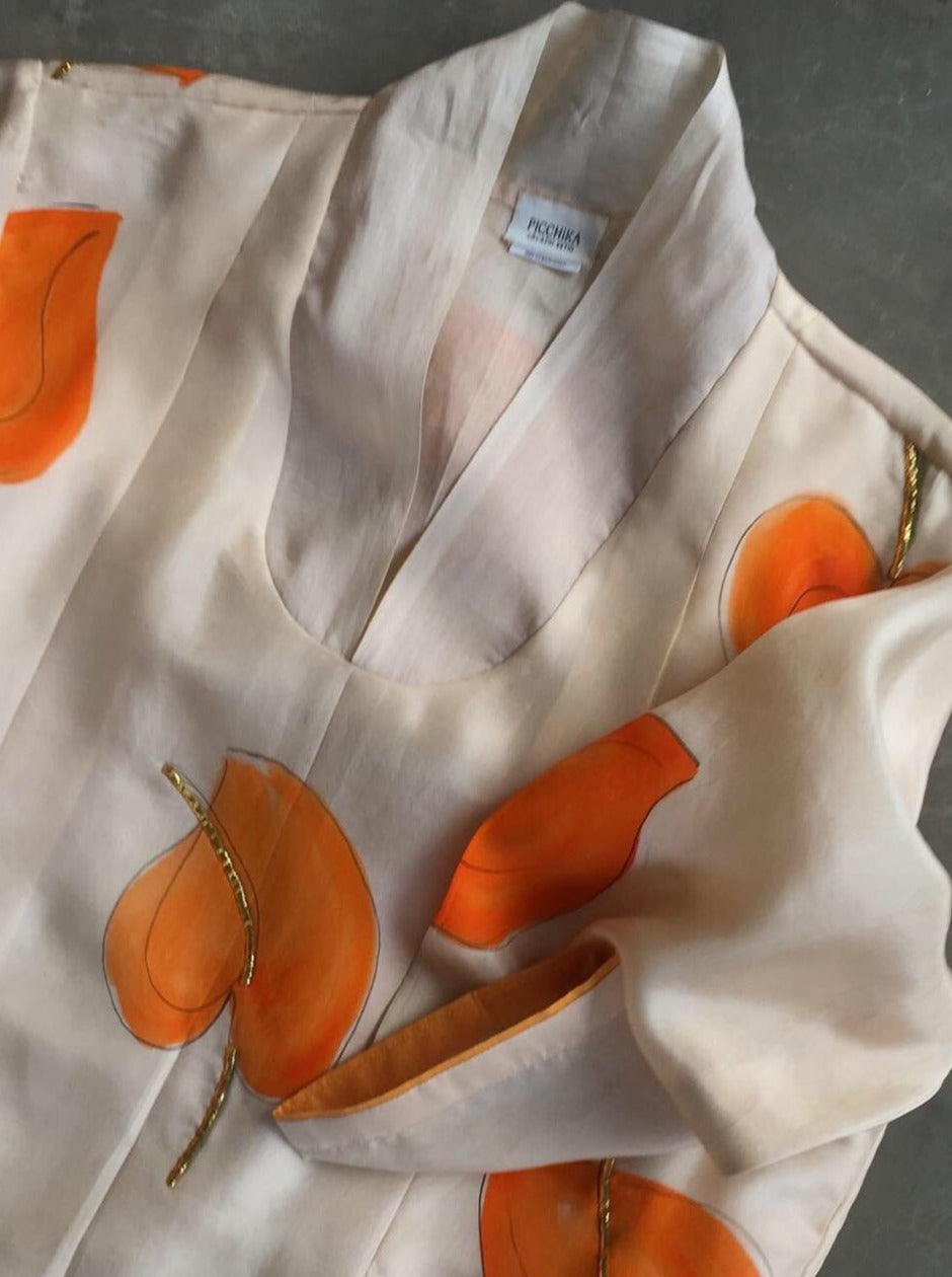 Flamingo flowers in Saffron Silk Kurta