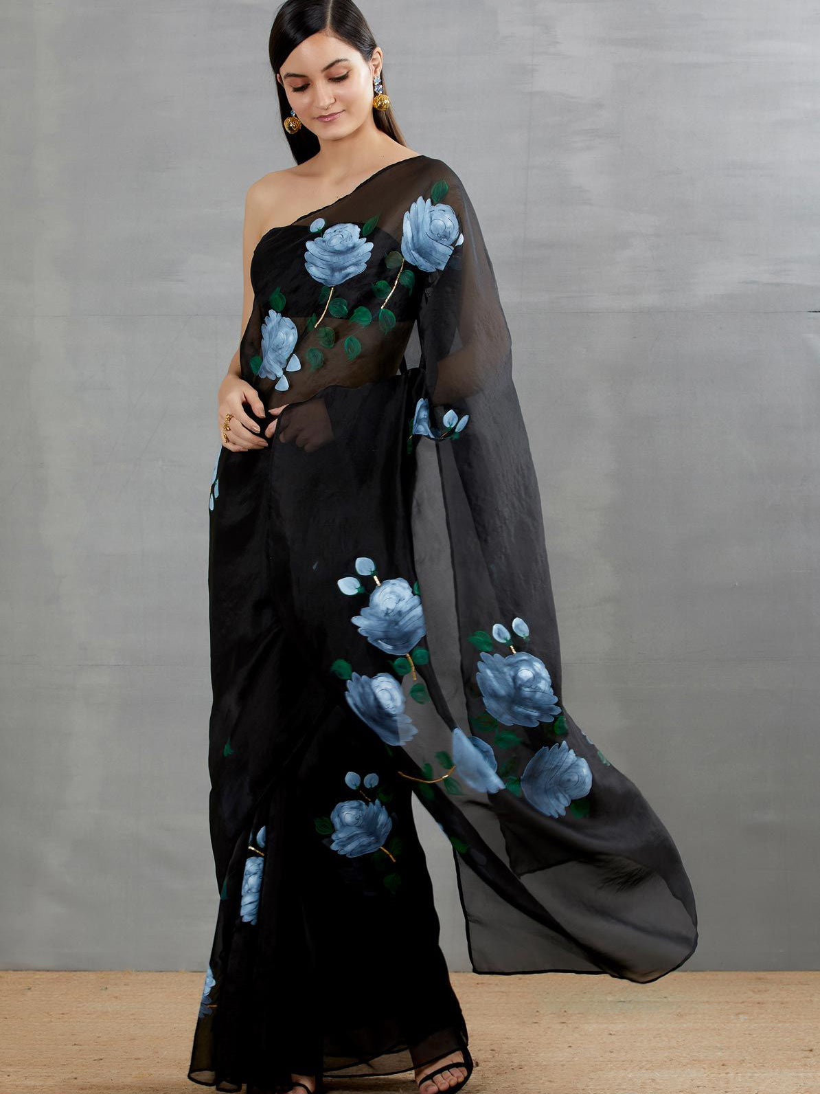 White Roses On Black Organza Saree