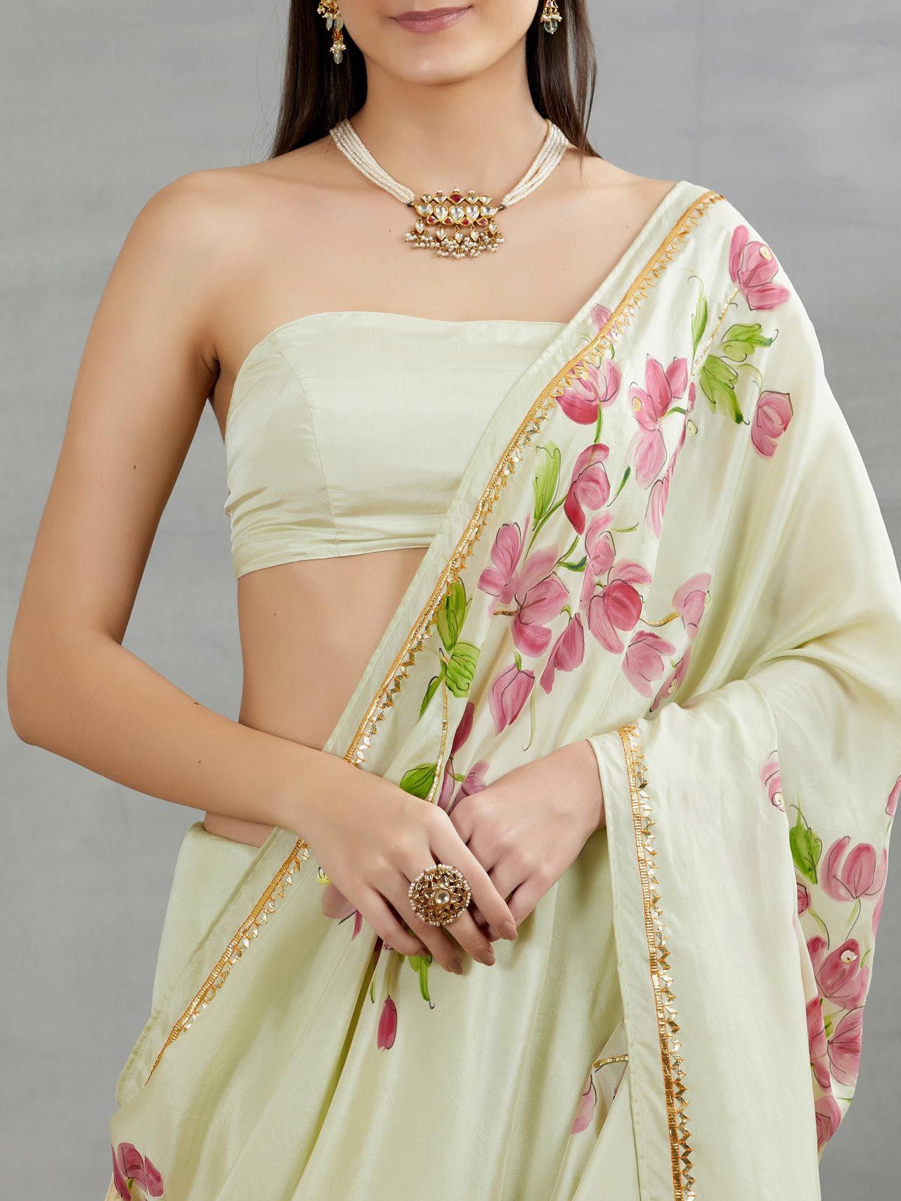 Bouganville On Pista Silk Saree with border