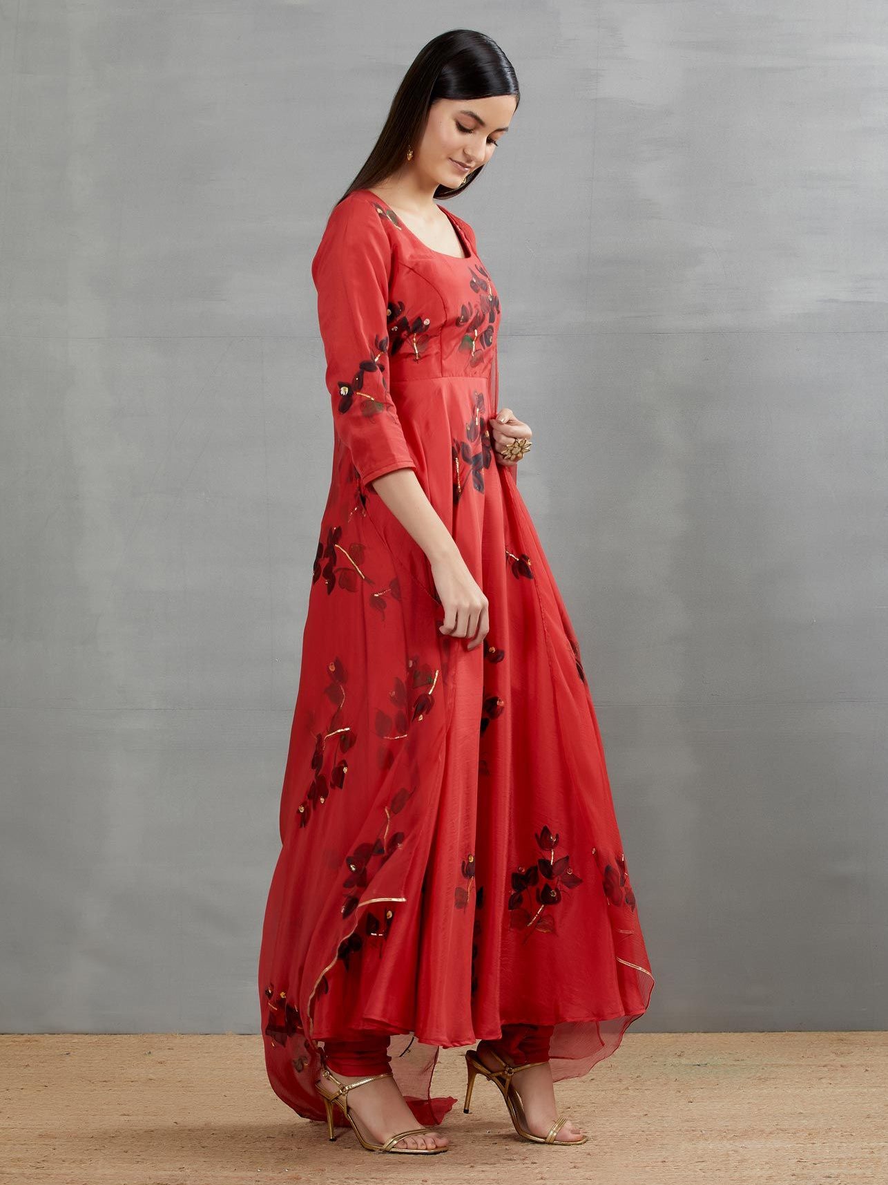 Black Bougainville's On Red Silk Flared Kurta
