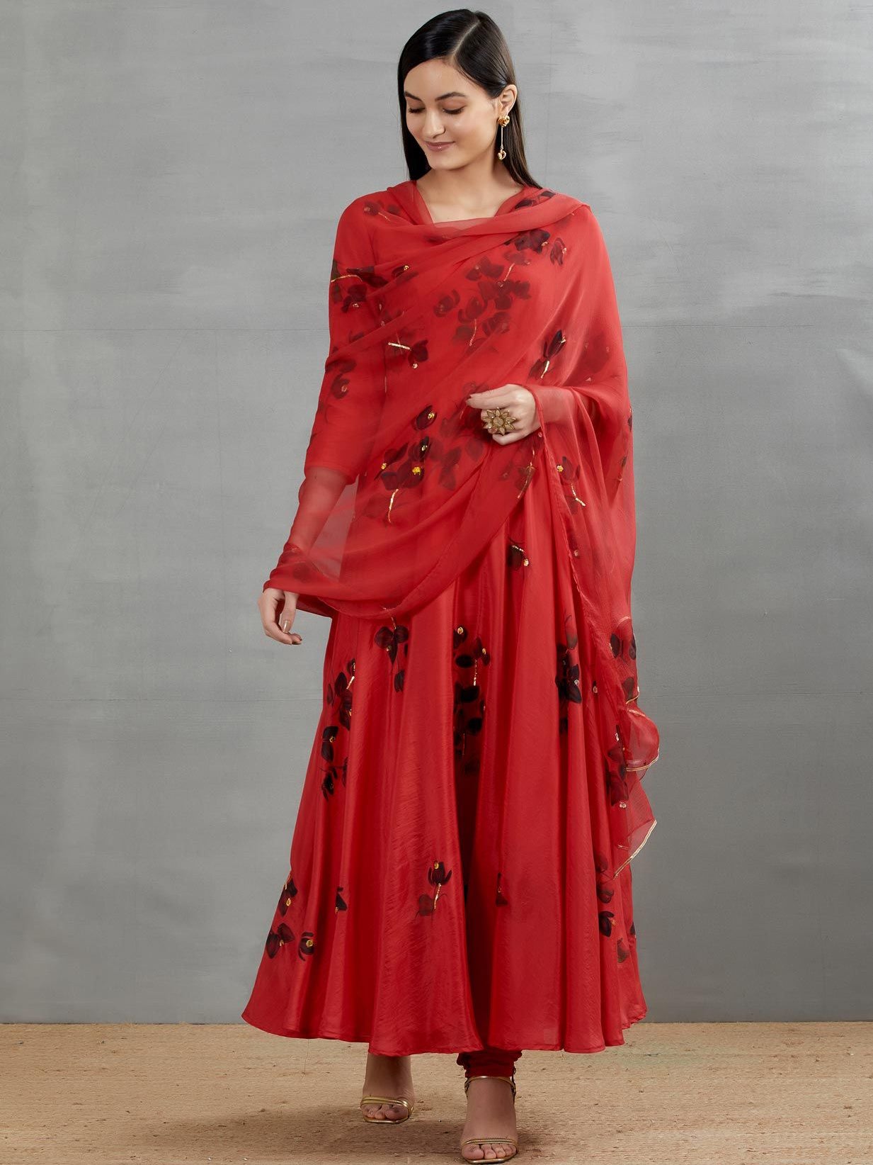 Black Bougainville's On Red Silk Flared Kurta