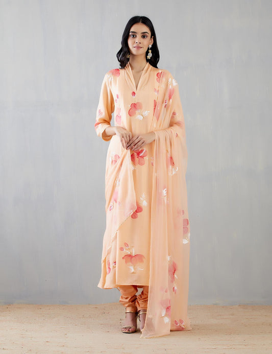 Hibiscus Roses On Mango Silk Kurta