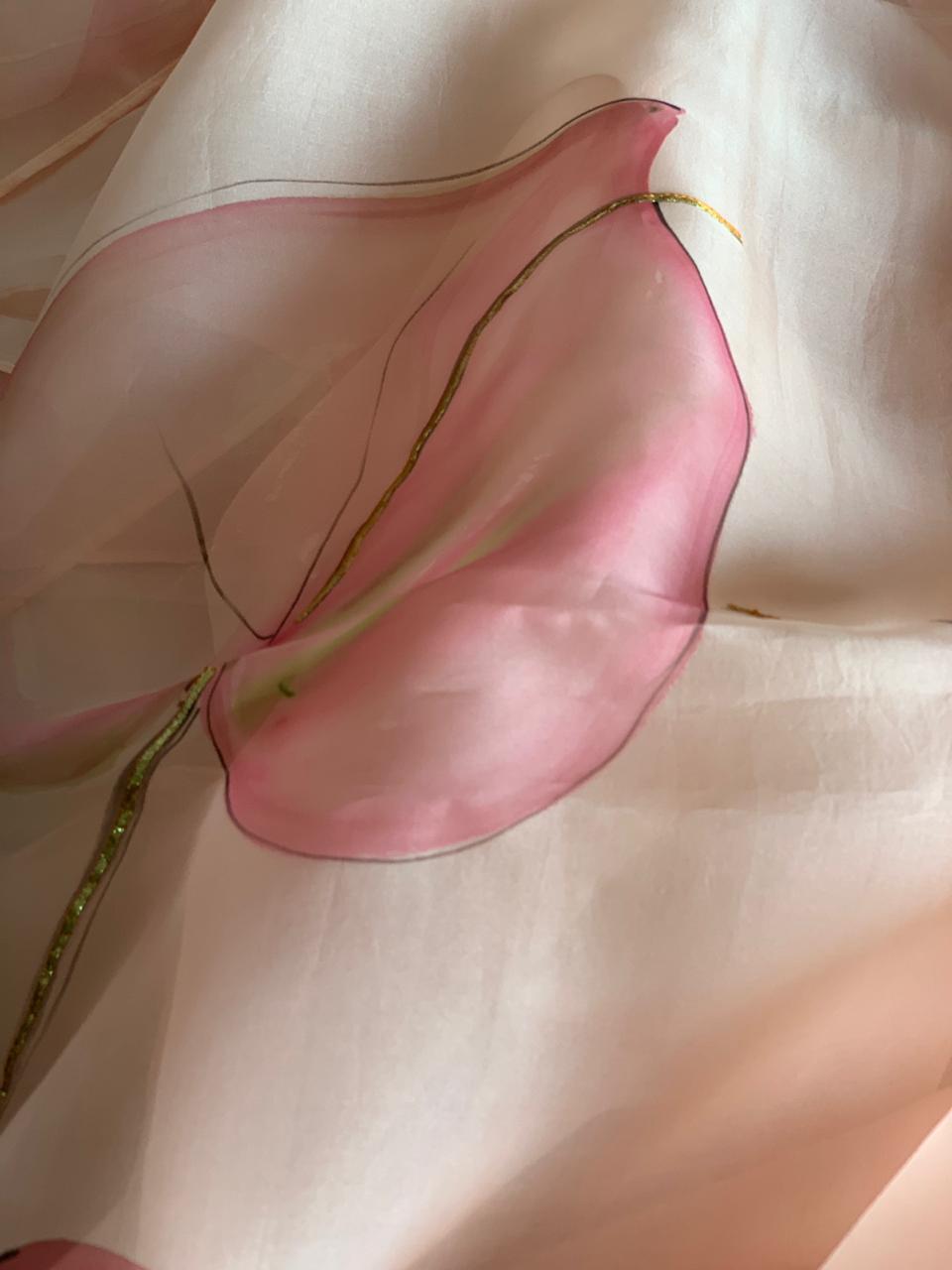Shaded Flamingo Flower Organza Saree