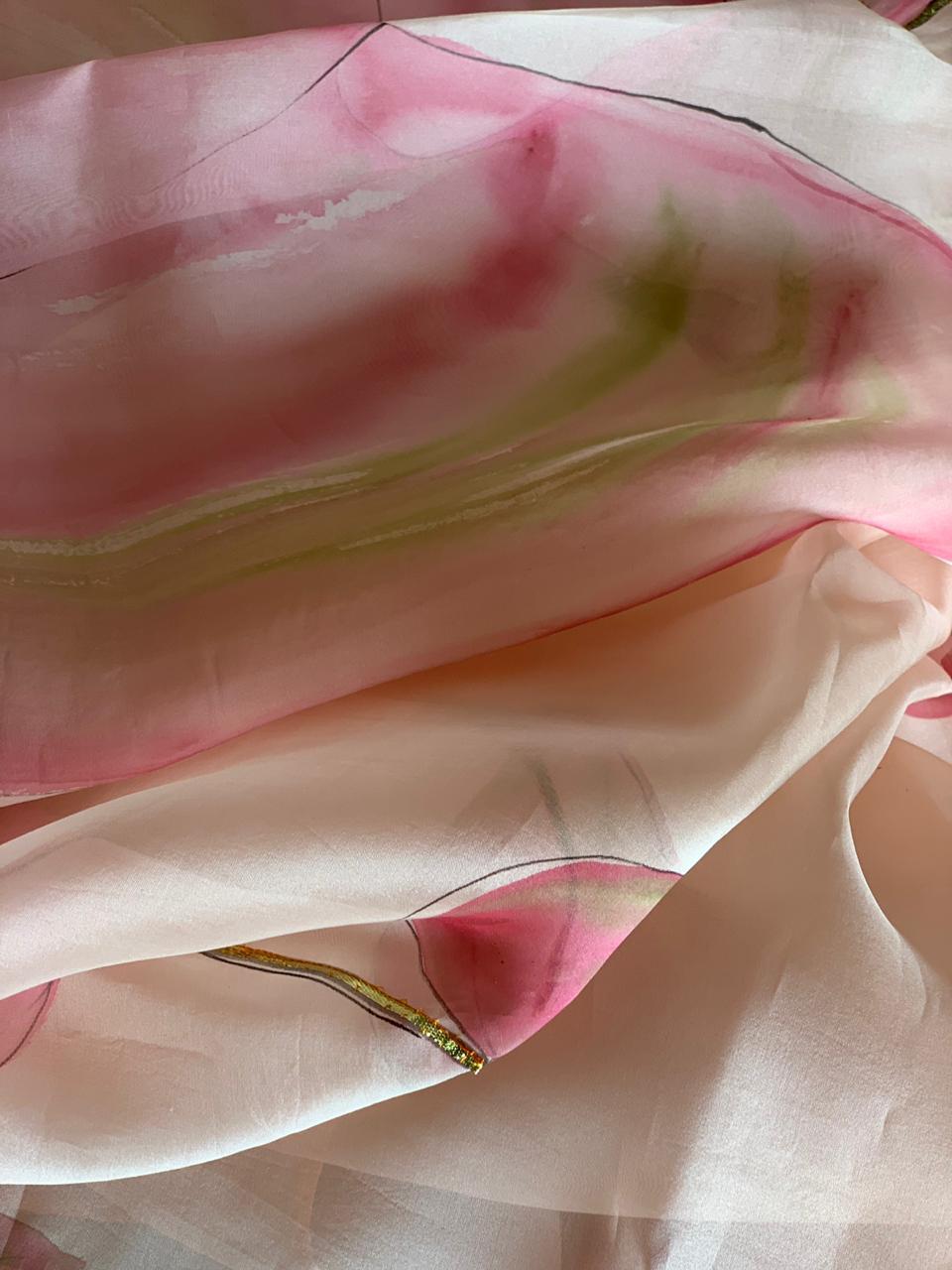 Shaded Flamingo Flower Organza Saree