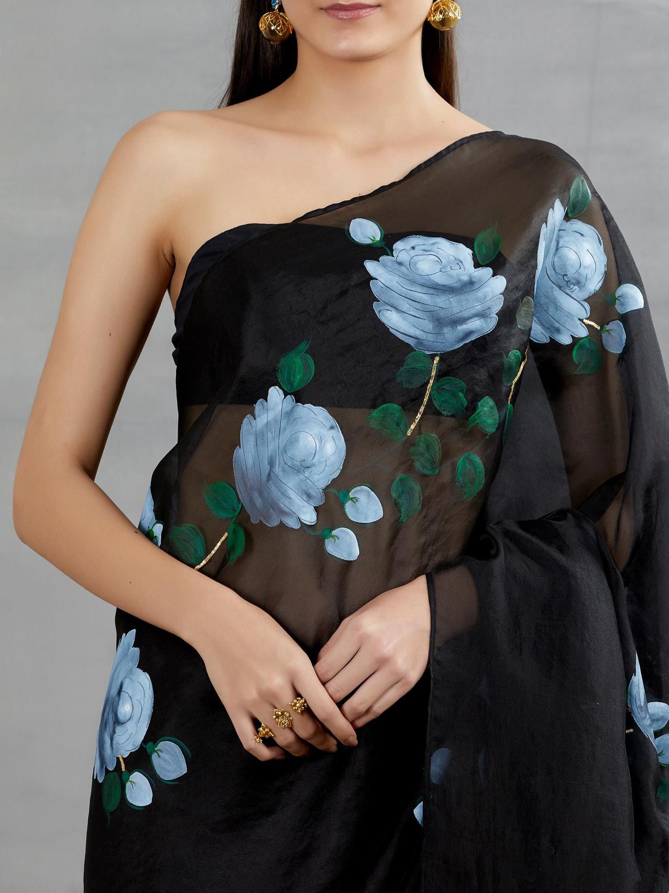 White Roses On Black Organza Saree