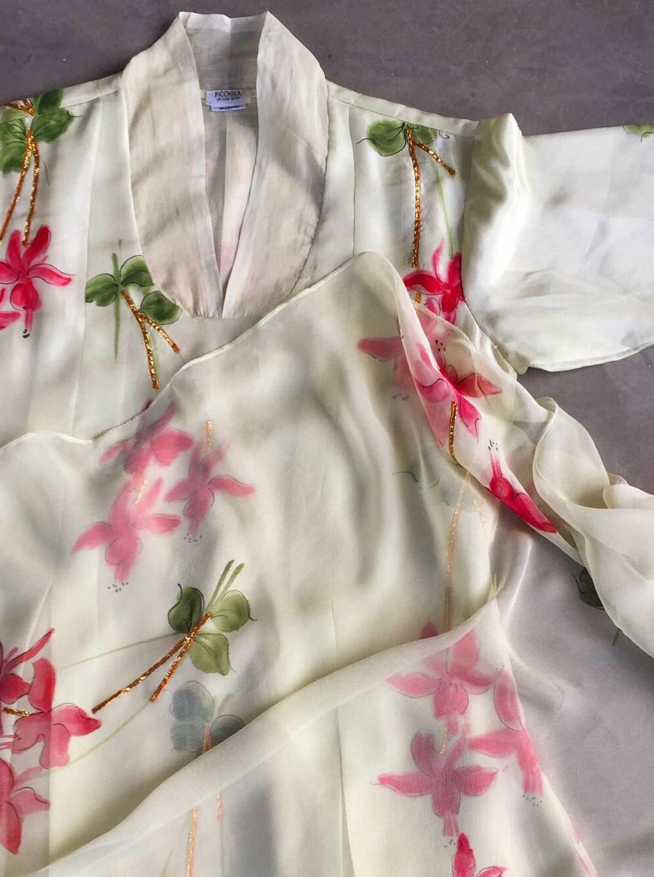 Robin Songbird Flowers on Pista Silk Kurta