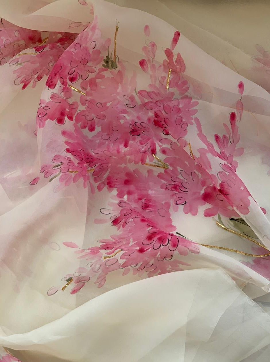 Muscari flowers on Ivory Organza Saree