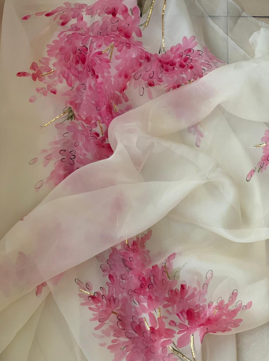 Muscari flowers on Ivory Organza Saree