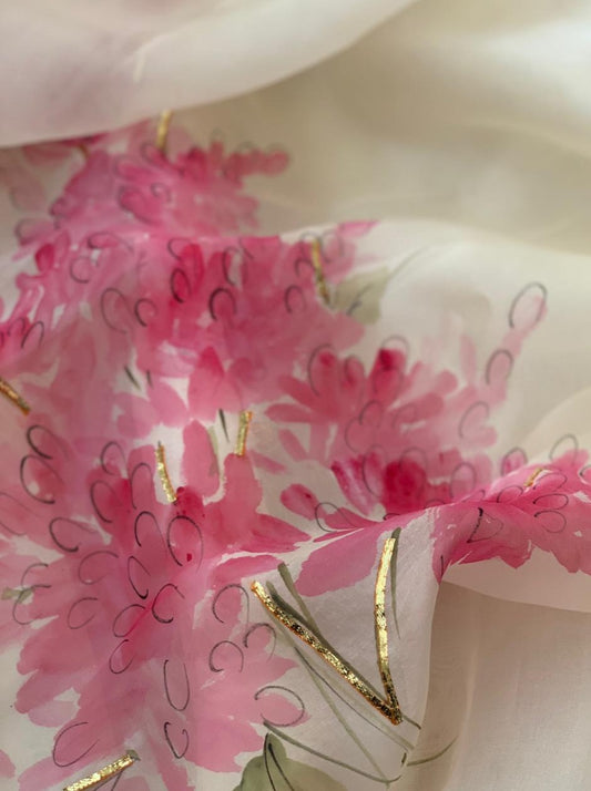 Muscari flowers on Ivory Organza Saree