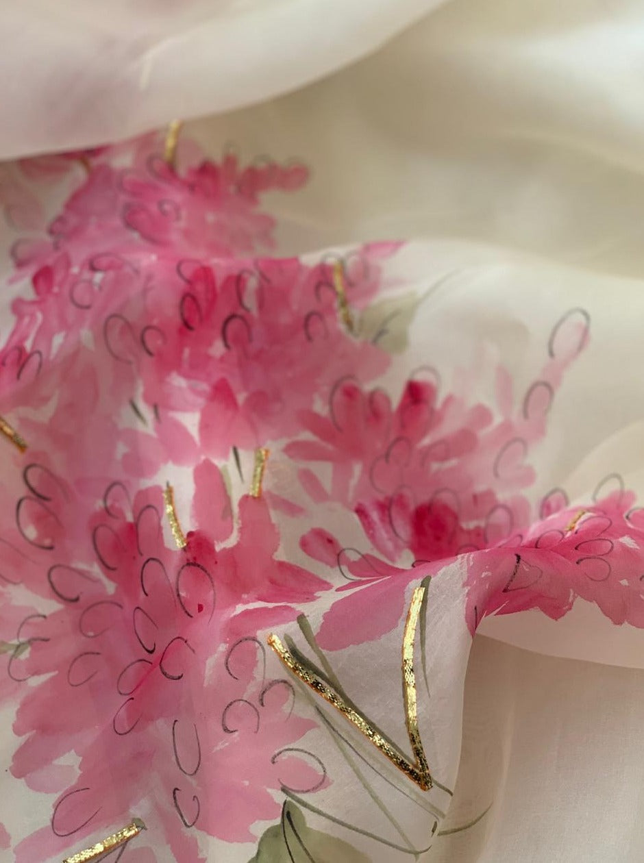 Muscari flowers on Ivory Organza Saree