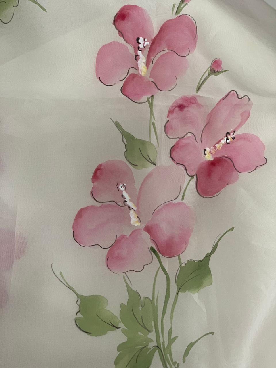 Hibiscus Roses on White Organza Saree