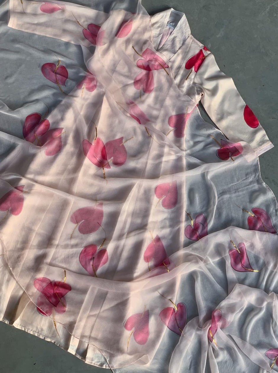 Anthuriums on Dusky Rose Silk Kurta