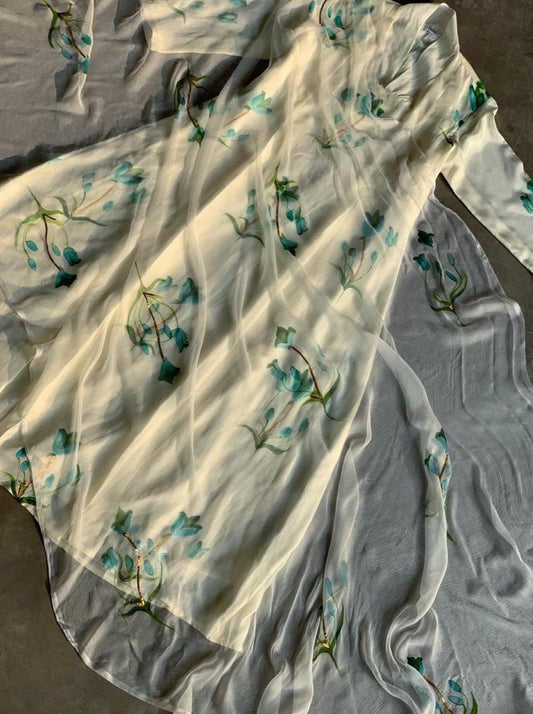Apricot tulips in Teal Blue on Ivory Silk Kurta