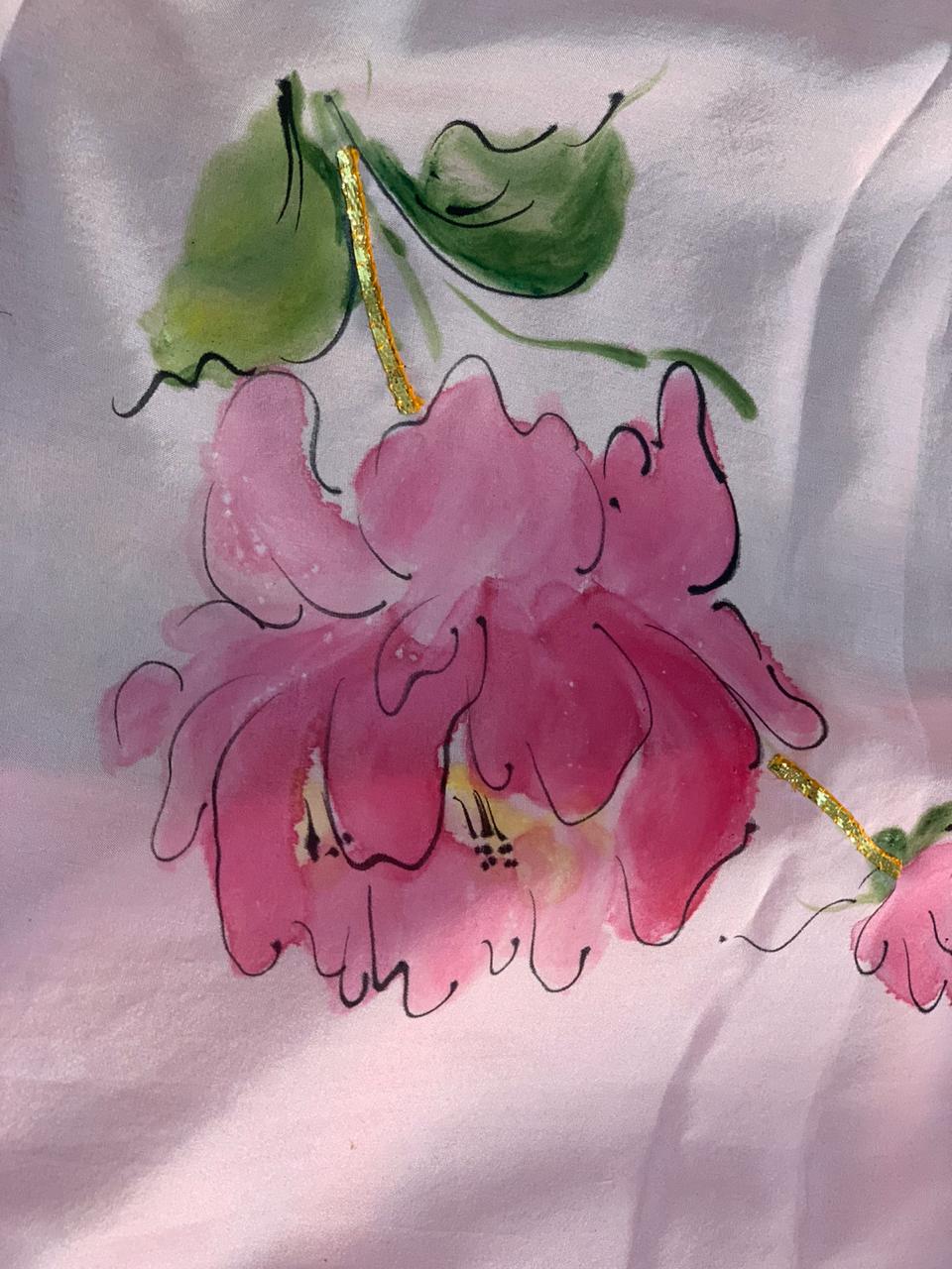 Pink Peonies on Baby Pink Silk Saree