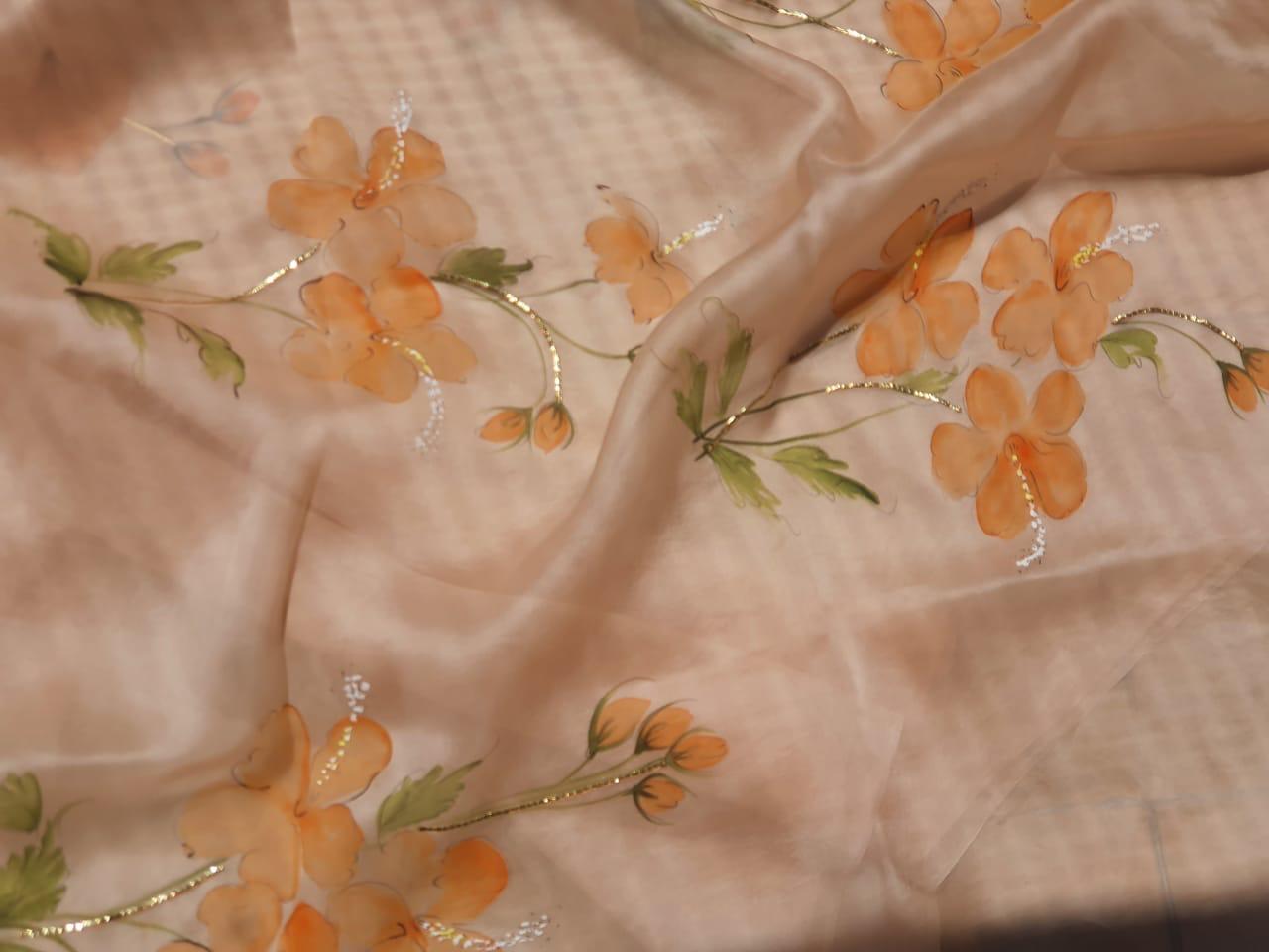 Saffron Hibiscus on Dull Rose Organza Saree