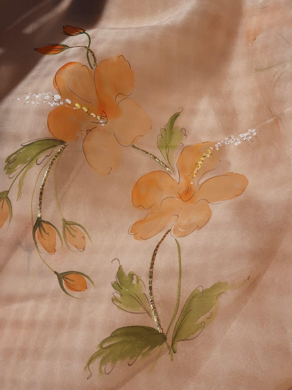 Saffron Hibiscus on Dull Rose Organza Saree