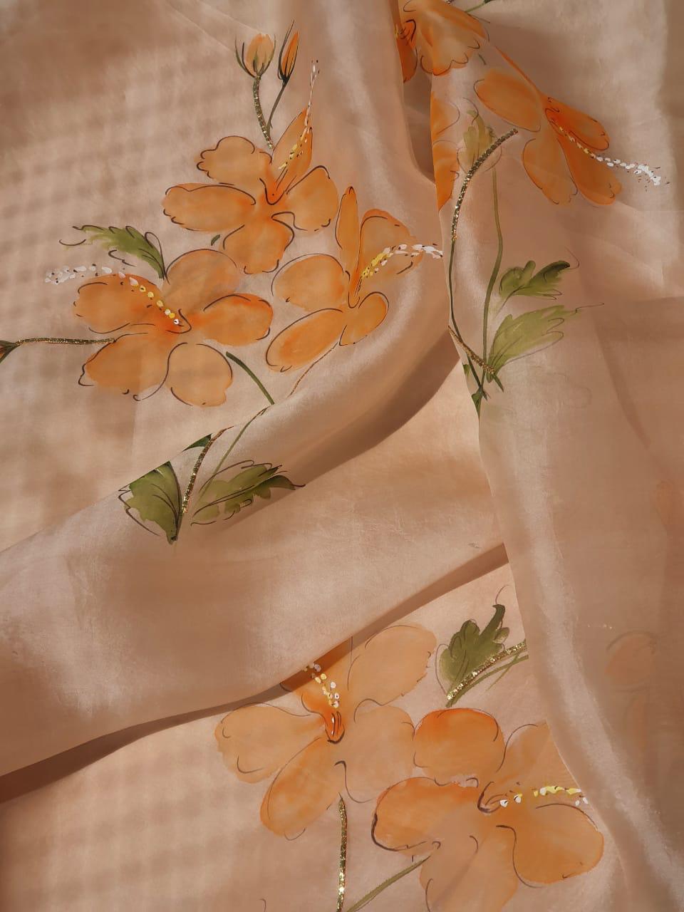Saffron Hibiscus on Dull Rose Organza Saree