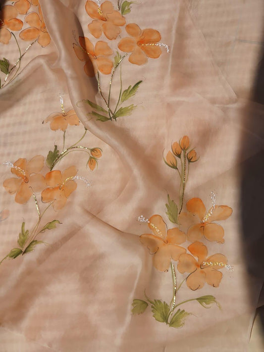 Saffron Hibiscus on Dull Rose Organza Saree