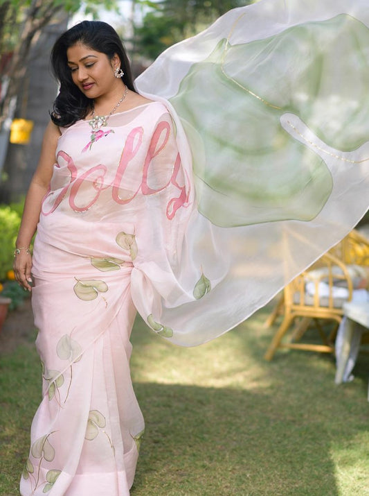 Custom Name on Anthuriums Organza Saree