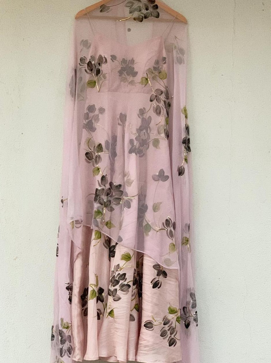 Black Bougainville's on Lilac Flared Silk Kurta