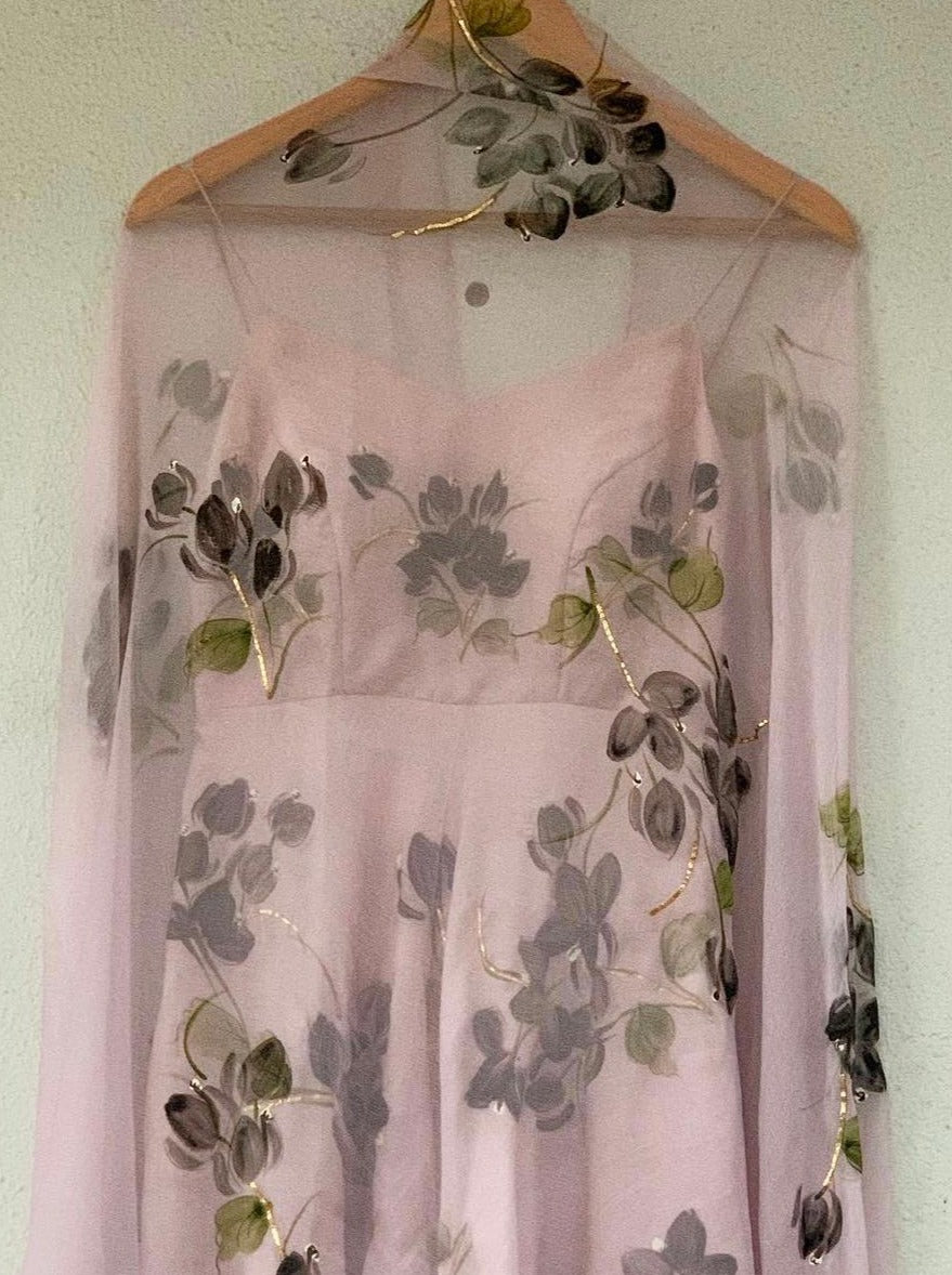 Black Bougainville's on Lilac Flared Silk Kurta