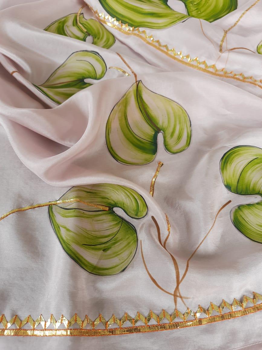 Green Anthuriums on Lilac Silk Saree