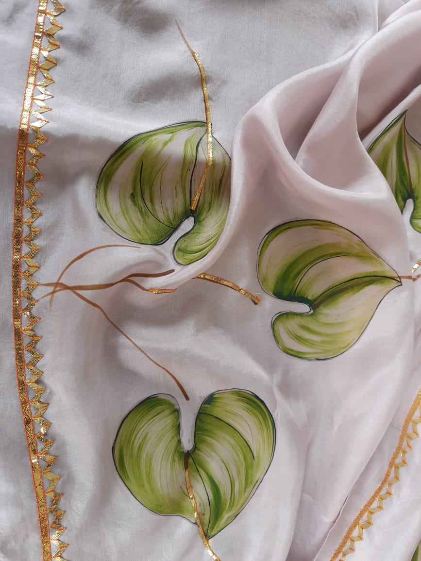 Green Anthuriums on Lilac Silk Saree