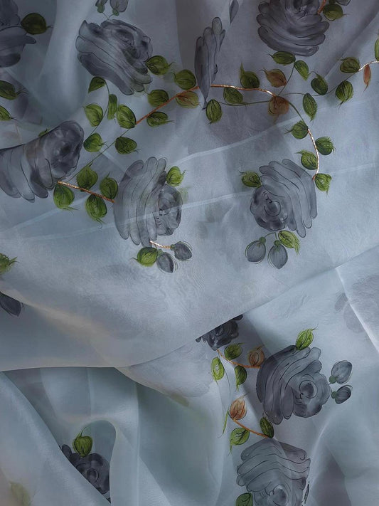 Charcoal Black Roses on Powder Blue Organza Saree