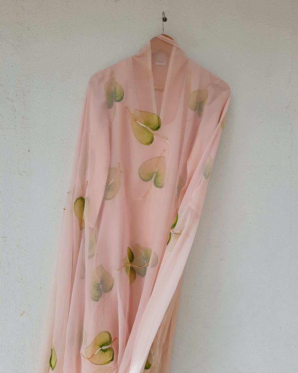 Olive Green Anthuriums on Dull Rose Silk Kurta