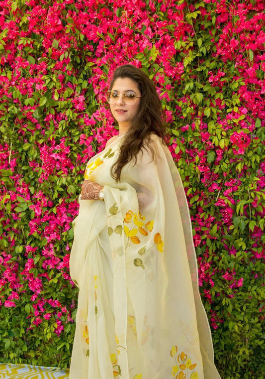 Shaded Bougainville's on Lemon Organza Saree